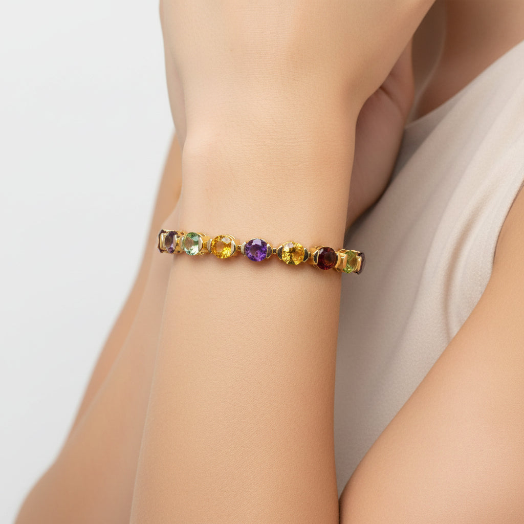 MORGAN &amp; PAIGE 18K Yellow Gold-Plated .925 Sterling Silver Five-Tone Multicolor Genuine Gemstone Tennis Bracelet, 7"