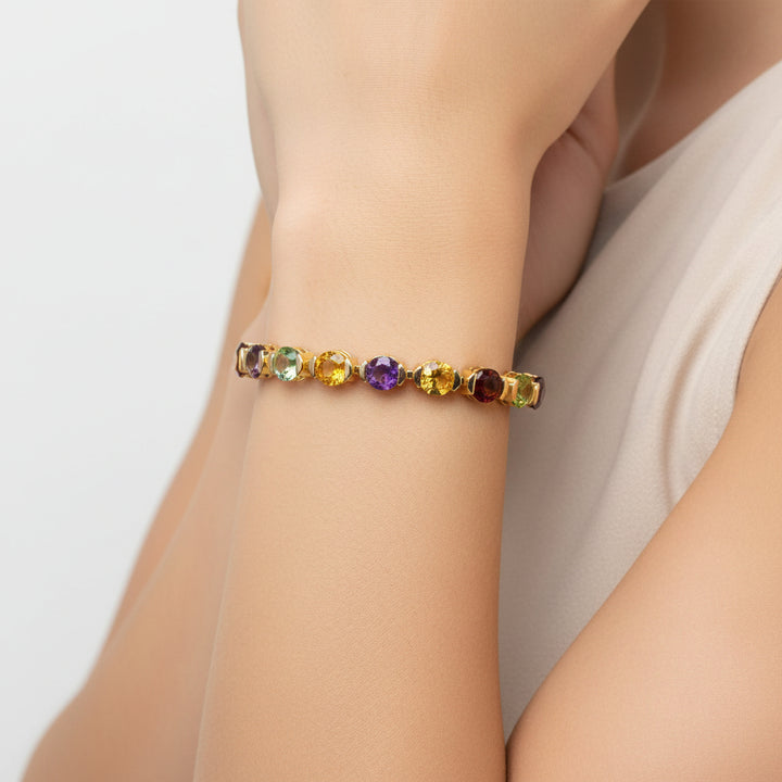 MORGAN &amp; PAIGE 18K Yellow Gold-Plated .925 Sterling Silver Five-Tone Multicolor Genuine Gemstone Tennis Bracelet, 7"