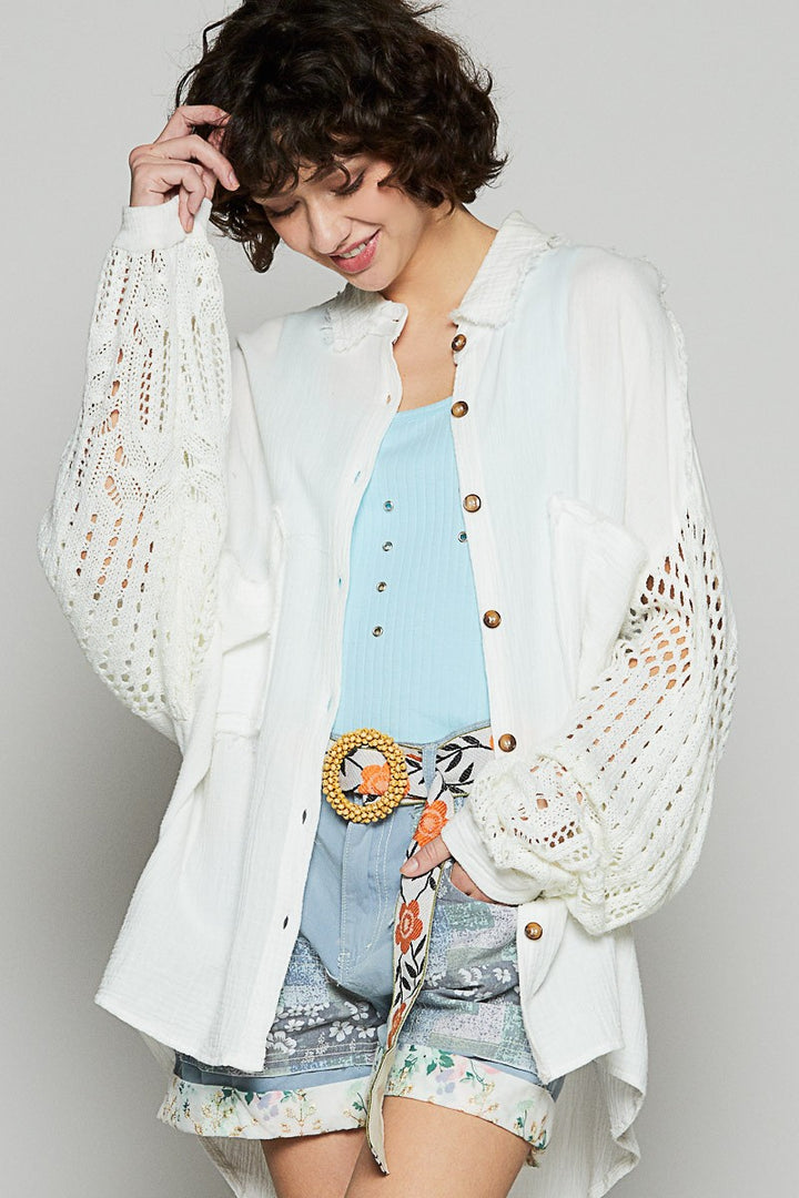 POL Openwork Lantern Sleeve Button Down Gauze Shirt