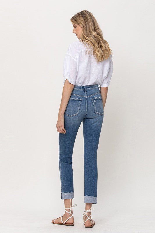 Mid-Rise Single Cuffed Crop Slim Straight Jeans