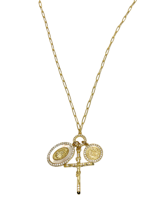 2 Way Cross, St. Benedict, and Pearl Toggle Necklace