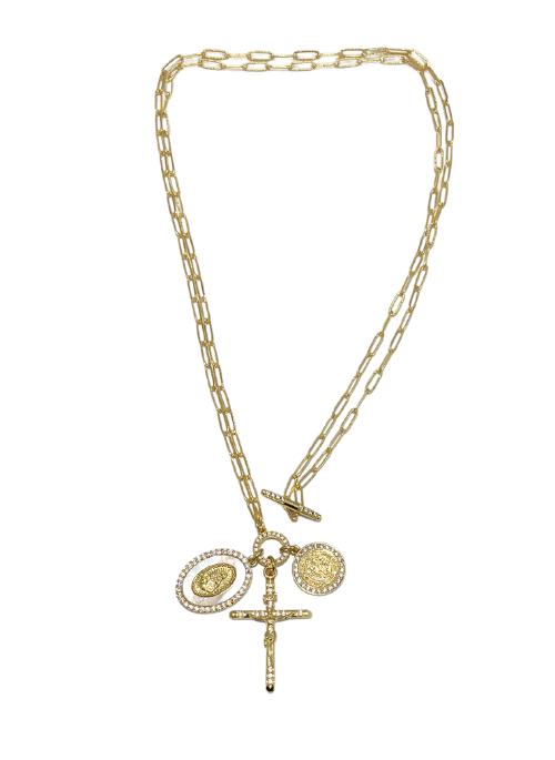 2 Way Cross, St. Benedict, and Pearl Toggle Necklace