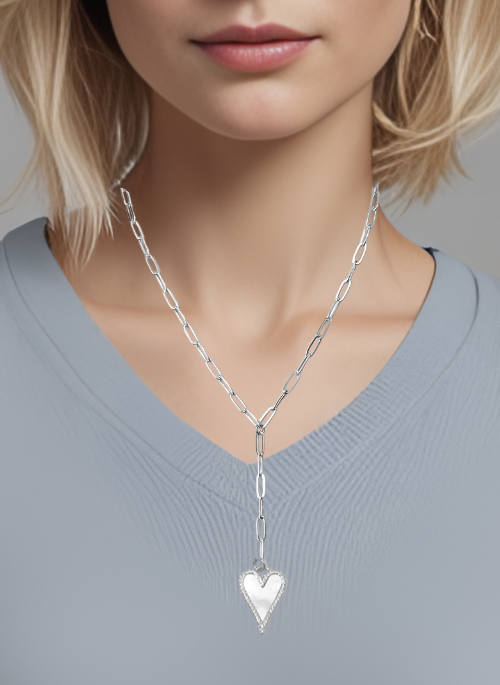 Heart and Pearl Pave Y Necklace Silver