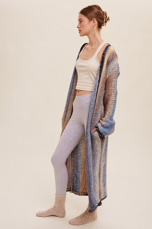 Multi Color Gradation Long Knit Open Cardigan