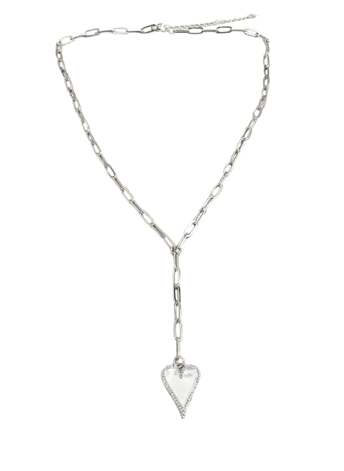 Heart and Pearl Pave Y Necklace Silver