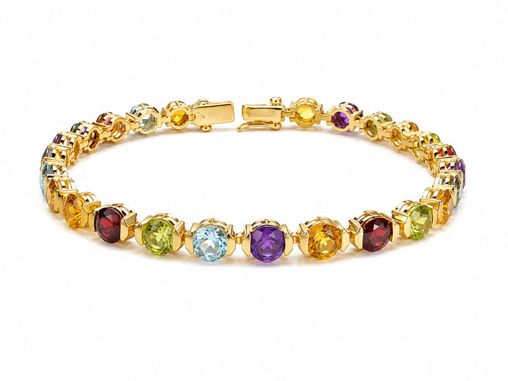 MORGAN &amp; PAIGE 18K Yellow Gold-Plated .925 Sterling Silver Five-Tone Multicolor Genuine Gemstone Tennis Bracelet, 7"