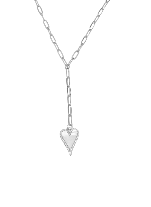 Heart and Pearl Pave Y Necklace Silver