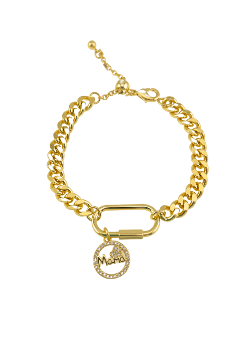 The Ryder Bracelet in Gold – a high-polish curb chain bracelet with heart lock and key charms. Adjustable from 6.5” to 8”, crafted from gold over brass for a stylish and elegant look."