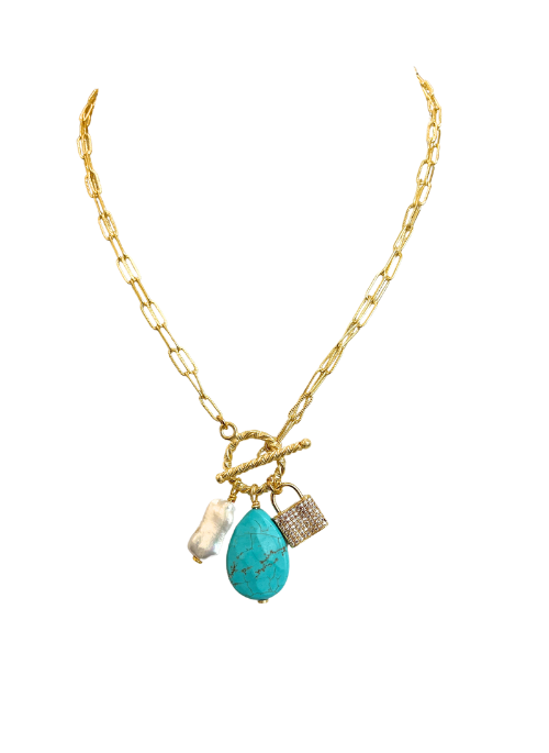 2-Way Gemstone Necklace – a versatile gold-plated paperclip chain necklace featuring genuine magnesite. Can be worn in two lengths: short at 17.5” or long at 35”. Handmade in Texas by Christy Jeannie Jewelry, offering a striking and distinctive look for any outfit."

This description is optimized for search engines while accurately highlighting key product details. Let me know if you need any refinements!