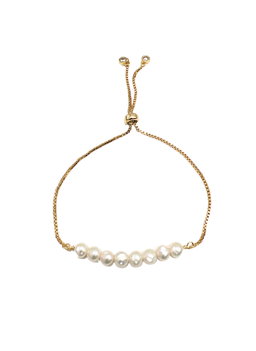 Ella Adjustable Bracelet in Gold and Silver – a dainty genuine freshwater pearl bracelet featuring 8mm pearls on an 18K gold-plated brass chain with an adjustable slider. Fits wrist sizes from 6.5” to 9.0”, perfect for solo wear or stacking.