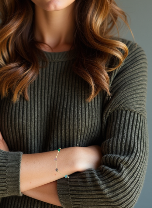 Trina Dainty Bracelet – a delicate gold-plated brass chain bracelet adorned with natural and synthetic gemstones, including Moonstone, Rose Quartz, Labradorite, Agate, Magnesite, and Sodalite. Adjustable from 6” with a 1.5” extender, perfect for layering or wearing solo. Handmade in Texas.