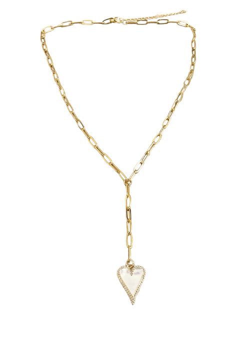 Heart and Pearl Pave Y Necklace Gold