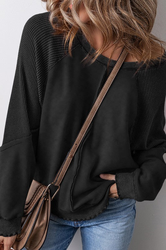 Waffle Patchwork Sleeve Exposed Seam Sweatshirt