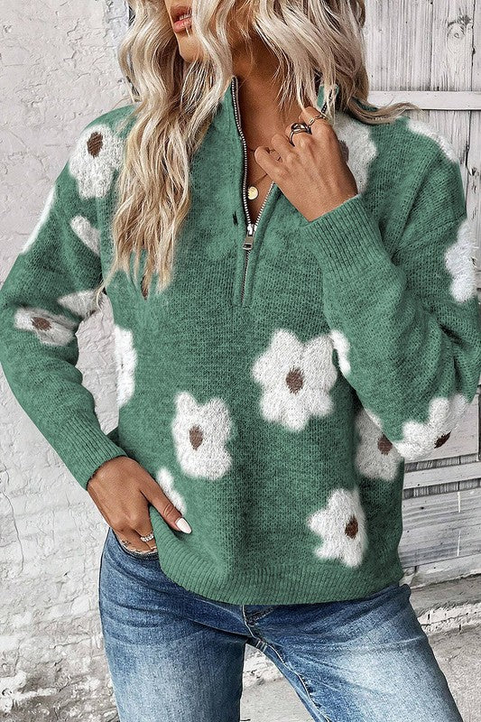 Floral Pattern Drop Shoulder Half Zip Sweater