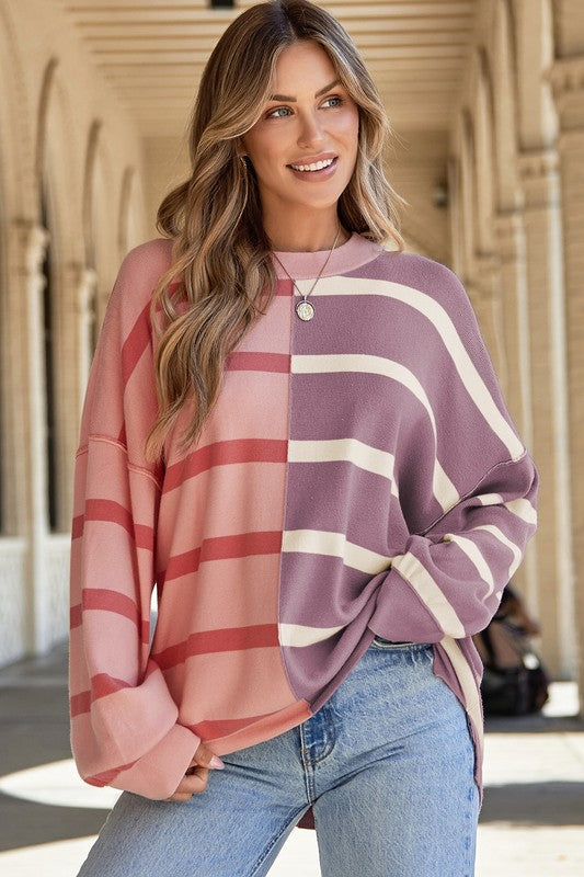 Striped Colorblock Drop Shoulder Sweater