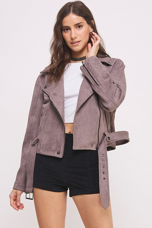 BELTED LONG SLEEVE ZIPPERED SUEDE MOTO JACKET