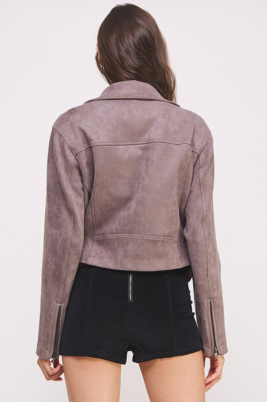 BELTED LONG SLEEVE ZIPPERED SUEDE MOTO JACKET