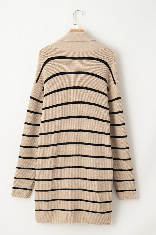 Stripe Side Pockets Open Front Cardigan