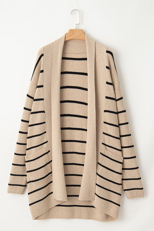 Stripe Side Pockets Open Front Cardigan