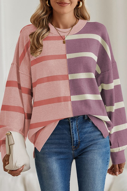 Striped Colorblock Drop Shoulder Sweater