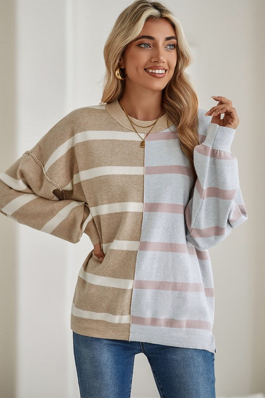 Striped Colorblock Drop Shoulder Sweater