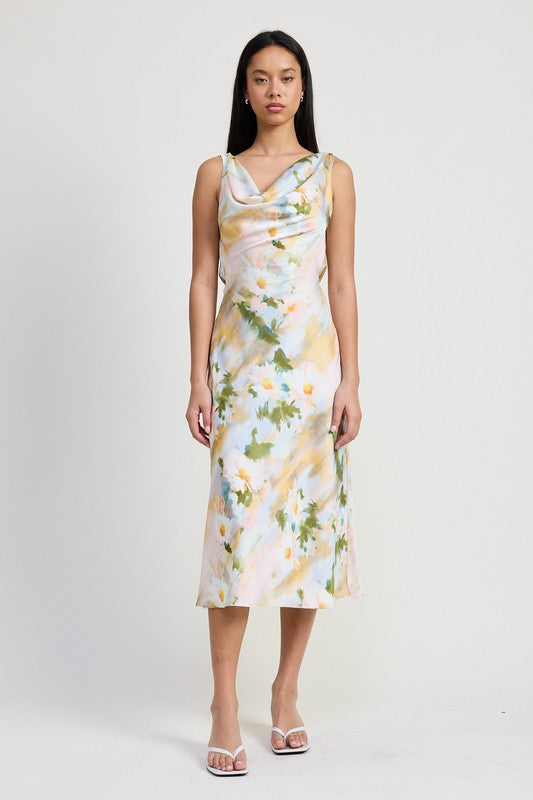 FLORAL MIDI COWL NECK DRESS