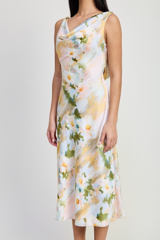 FLORAL MIDI COWL NECK DRESS