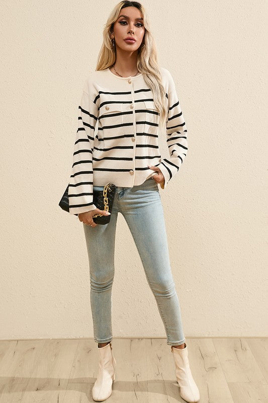 Black Stripe Flap Pocket Buttoned Cardigan Sweater