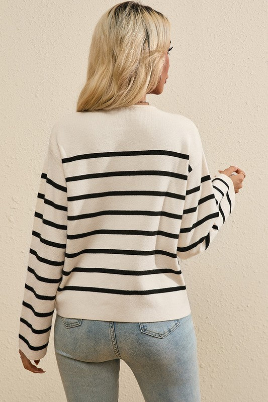 Black Stripe Flap Pocket Buttoned Cardigan Sweater