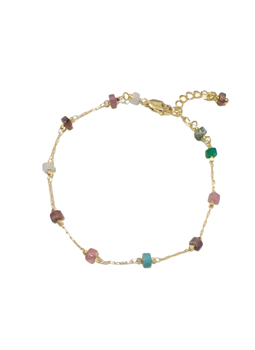 Trina Dainty Bracelet – a delicate gold-plated brass chain bracelet adorned with natural and synthetic gemstones, including Moonstone, Rose Quartz, Labradorite, Agate, Magnesite, and Sodalite. Adjustable from 6” with a 1.5” extender, perfect for layering or wearing solo. Handmade in Texas.