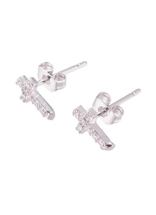 Dainty Pave CZ Cross Stud Earrings in Silver