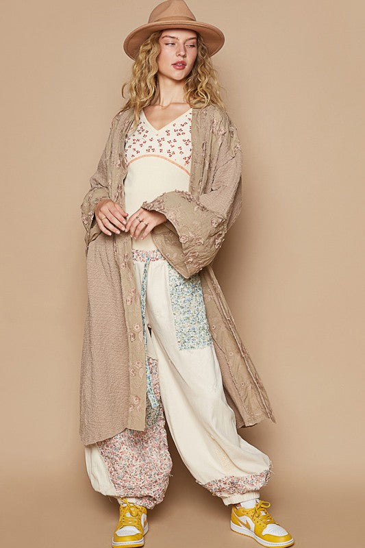 POL Flower Lace Trim Open Front Longline Cardigan