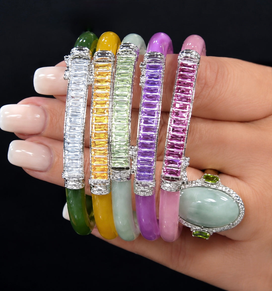 Jade and CZ Sterling Silver Hinged Bangle Bracelet By PAJ