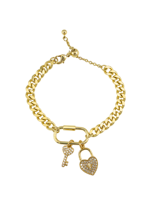 The Ryder Bracelet in Gold – a high-polish curb chain bracelet with heart lock and key charms. Adjustable from 6.5” to 8”, crafted from gold over brass for a stylish and elegant look."