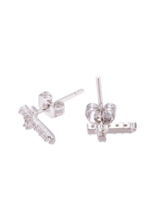 Dainty Pave CZ Cross Stud Earrings in Silver