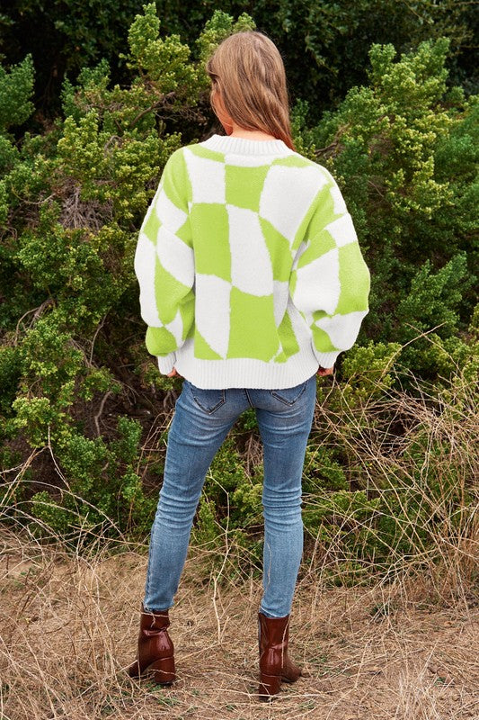 Multi Geo Checker Pullover Knit Sweater Top