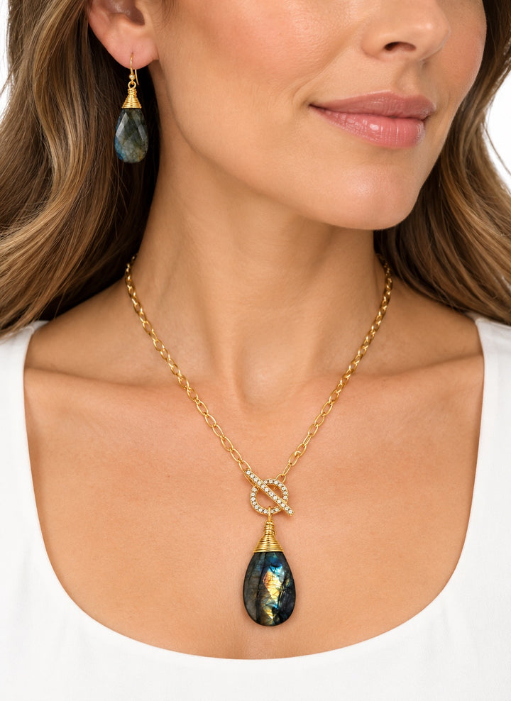 2 pc set Annie Labradorite Paperclip CZ Necklace & Earrings-Gold-By Christy Jean