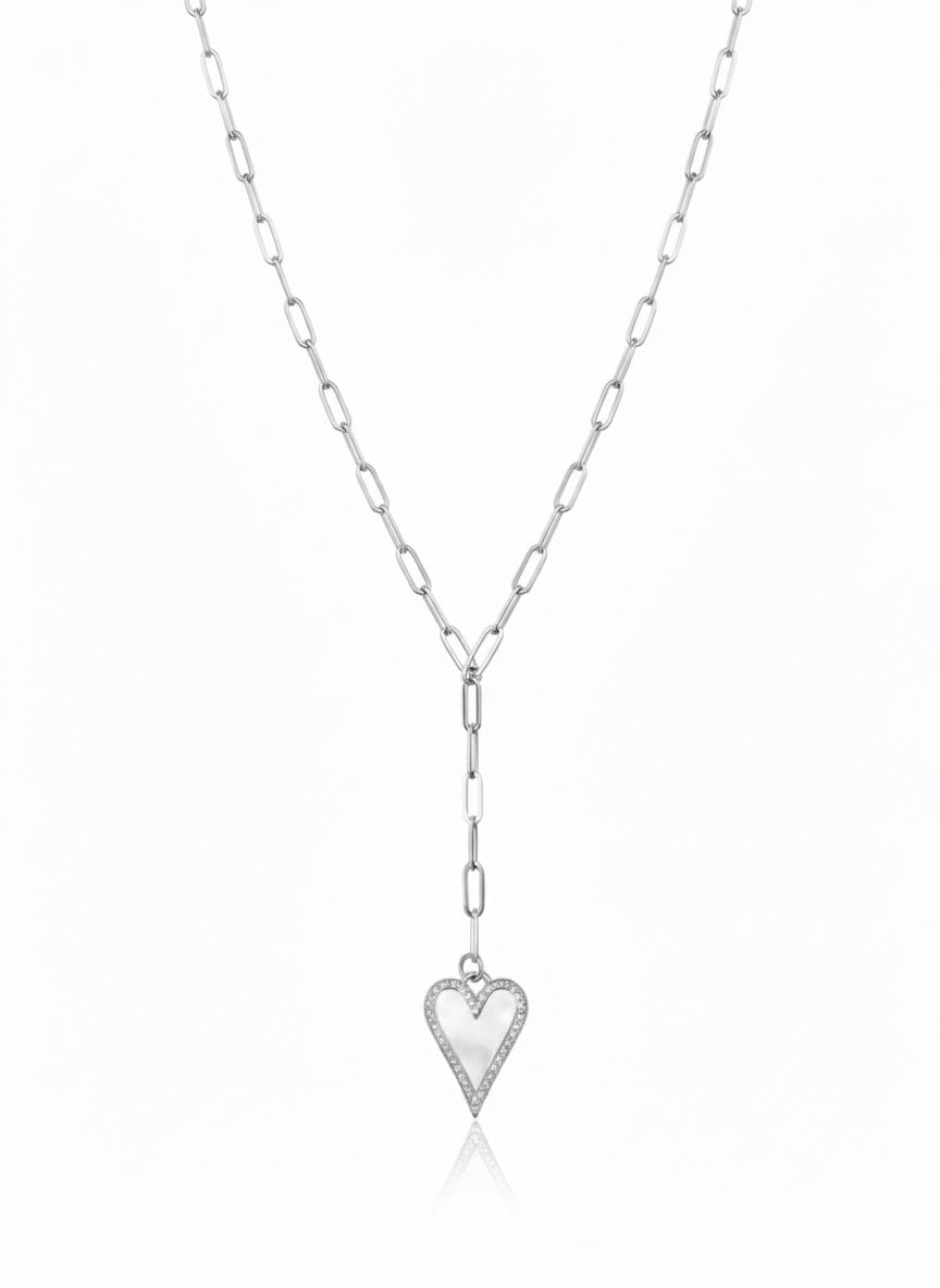 Eva Heart and Pearl Pave Y Necklace Silver
