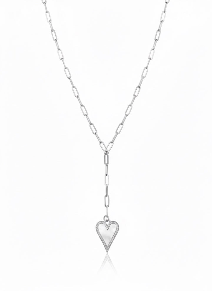 Eva Heart and Pearl Pave Y Necklace Silver