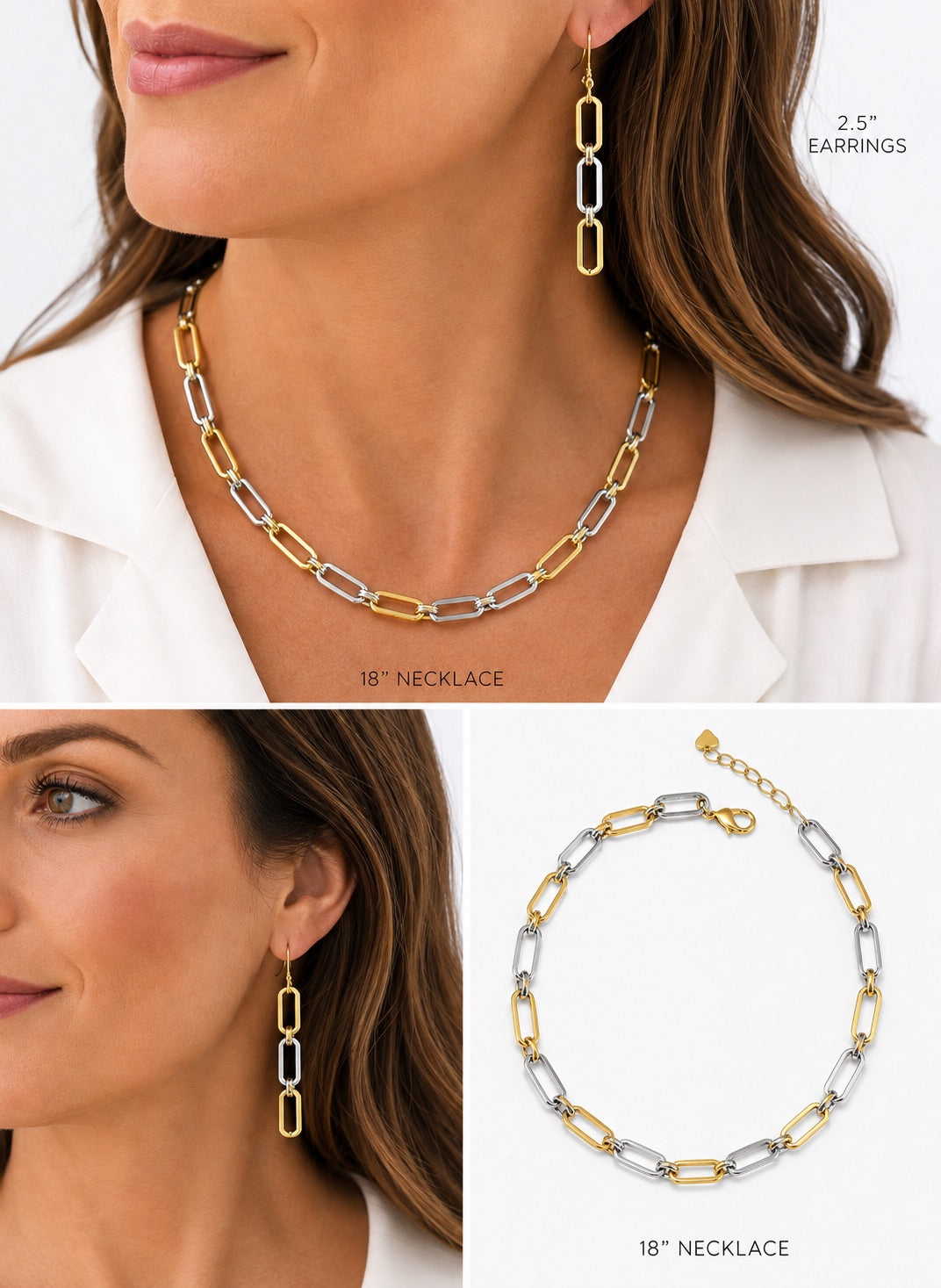 Christy Jean Two-Tone Paperclip Link Jewelry Set -Necklace, Bracelet, Earrings