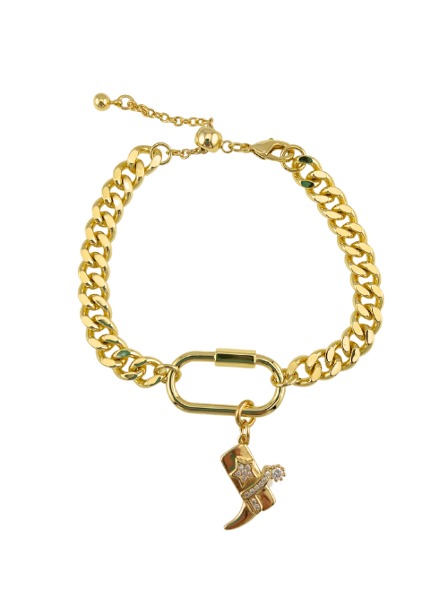 The Ryder Bracelet in Gold – a high-polish curb chain bracelet with heart lock and key charms. Adjustable from 6.5” to 8”, crafted from gold over brass for a stylish and elegant look."