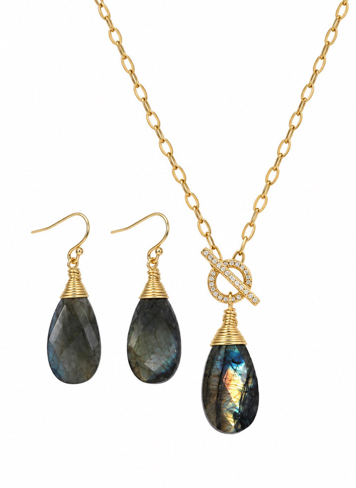 2 pc set Annie Labradorite Paperclip CZ Necklace & Earrings-Gold-By Christy Jean