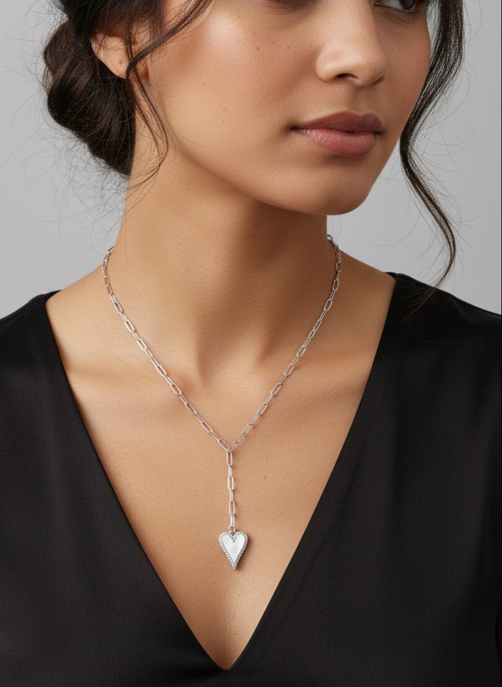 Eva Heart and Pearl Pave Y Necklace Silver