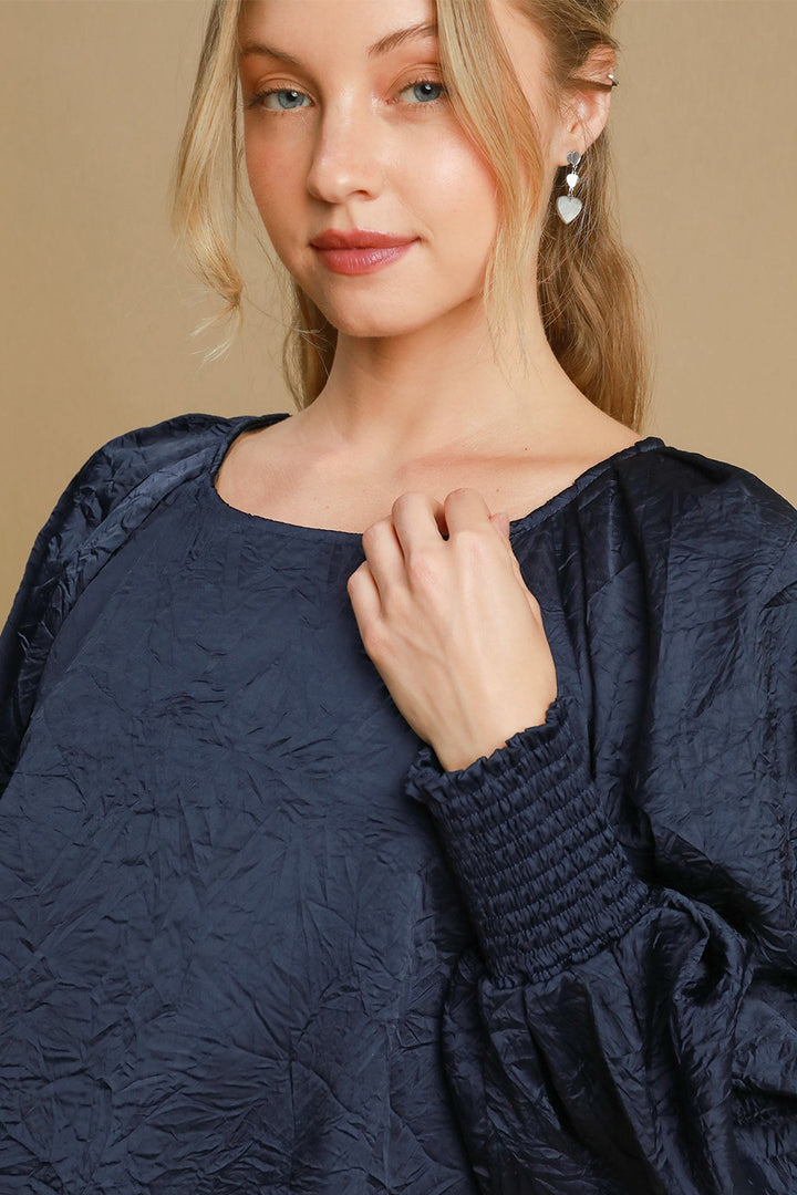 Umgee Wrinkled Round Neck Lantern Sleeve Blouse