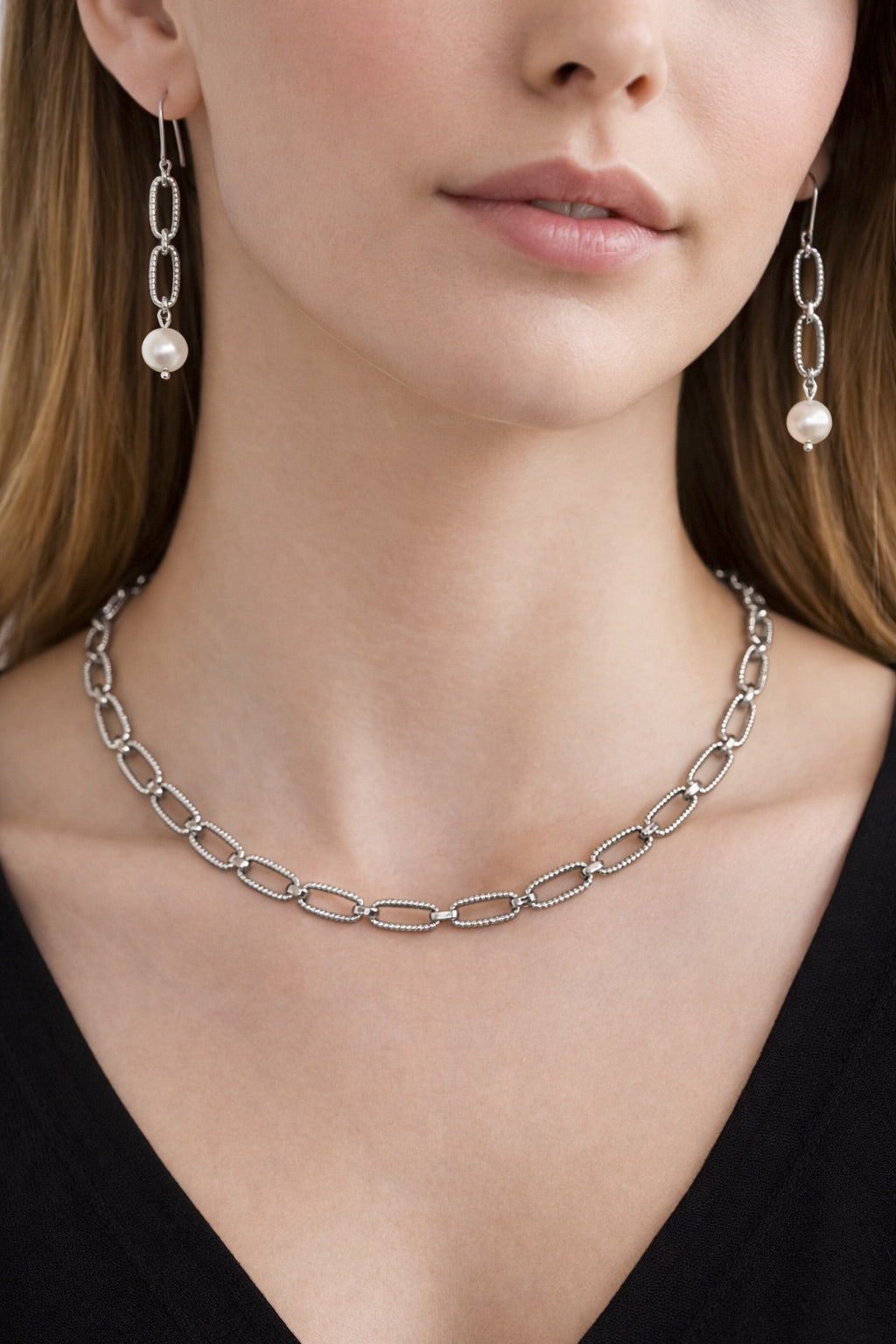 Christy Jean 3 pc Set Riley Chain Set with Pearls Silver