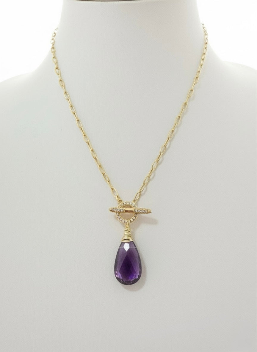 Annie Gemstone Paperclip CZ Necklace -Gold