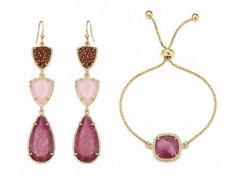2 pc Druzy & Pink Rhodonite Earrings and bracelet in 14K Gold plated brass