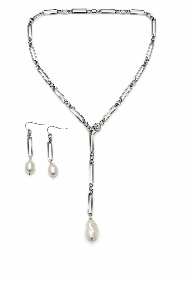 Bianca 2pc set Pearl Paperclip Convertible Lariat & Earrings