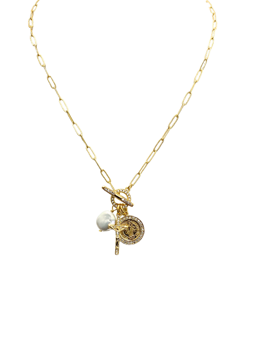 Cross, St. Benedict, and Pearl Toggle Necklace