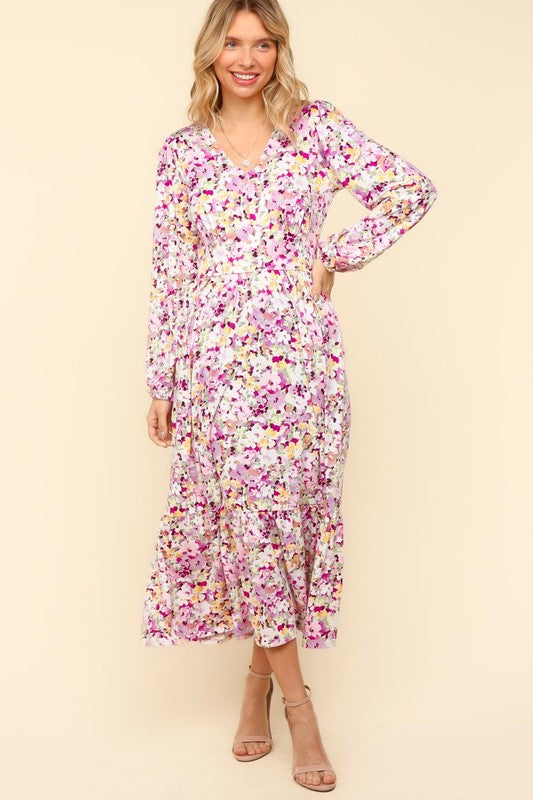 Haptics Full Size Floral V-Neck Long Sleeve Dress with Side Pockets